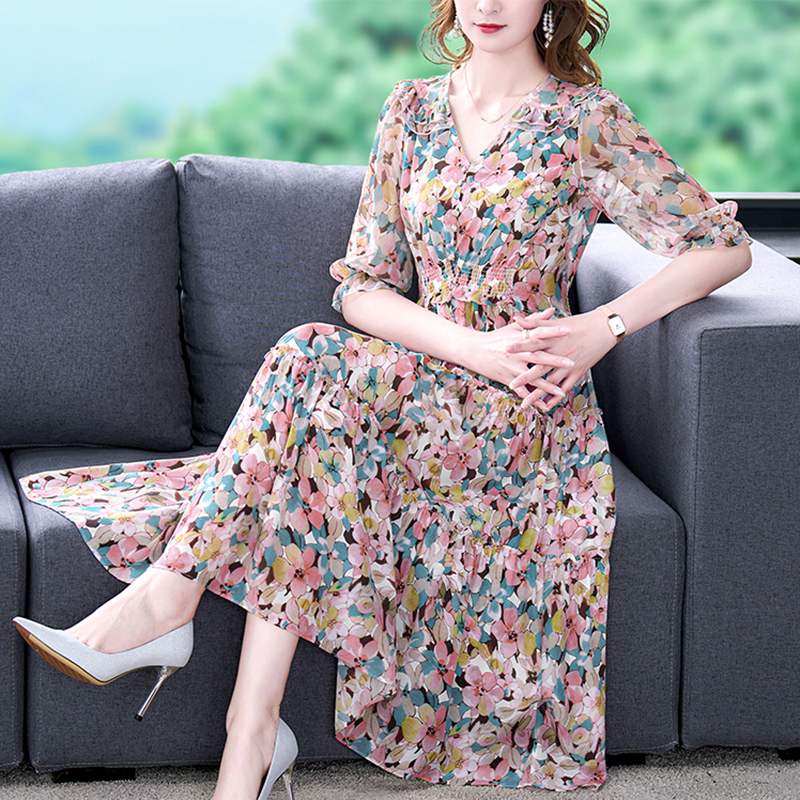 Sundress Midi Floral - Summer Floral Natural Silk V-Neck Midi