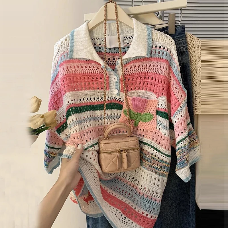 Summer Clothing Yarn - Women Clothing Summer Patchwork Striped Hollow