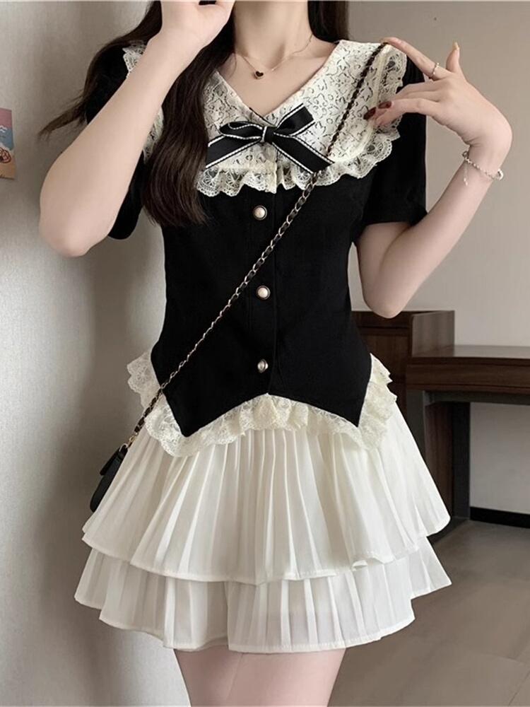 Rich Girl Lace Doll Collar Top - Summer Clothing Set For Girls avaliação e preço