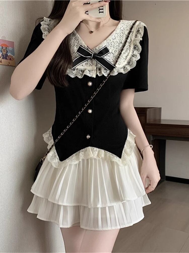 Rich Girl Lace Doll Collar Top - Summer Clothing Set For Girls avaliação e preço