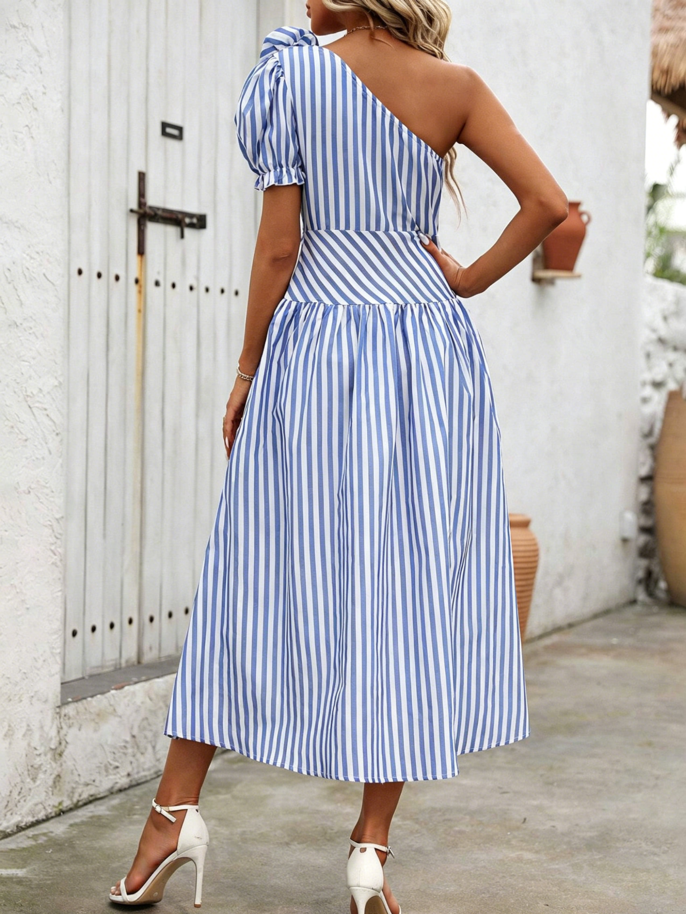 Blue White Striped One Shoulde - Sundress Midi Floral avaliação e preço