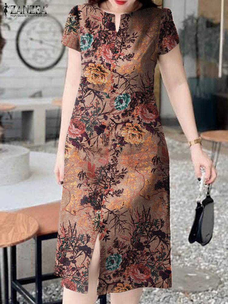 Fashion Retro Short Sleeve Rob - Sundress Midi Floral avaliação e preço