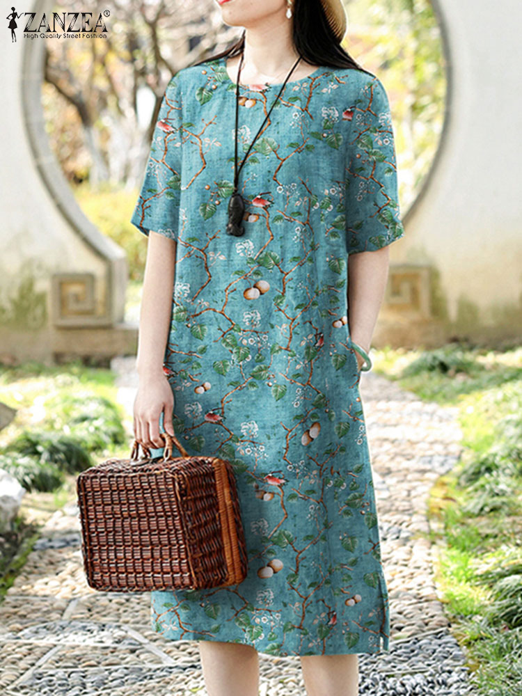 ZANZEA Vintage Floral Dress Wo - Sundress Midi Floral avaliação e preço