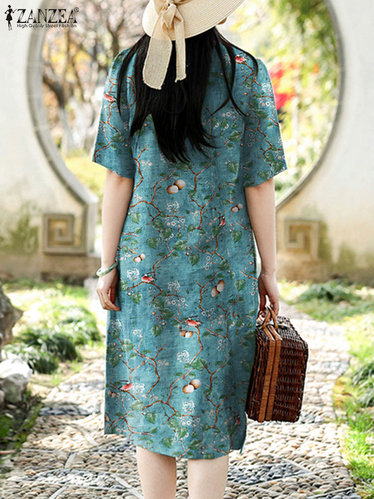ZANZEA Vintage Floral Dress Wo - Sundress Midi Floral avaliação e preço