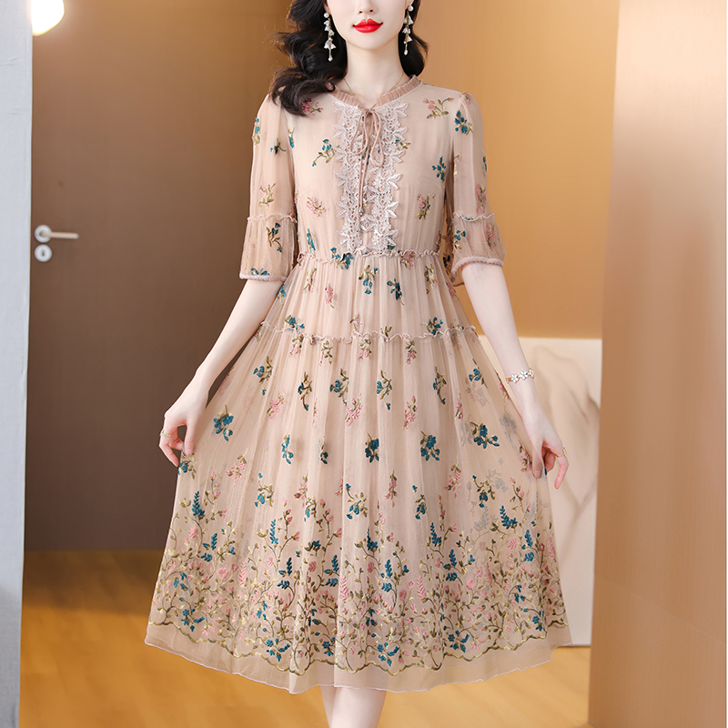 Women Floral Natural Silk Embr - Sundress Midi Floral avaliação e preço