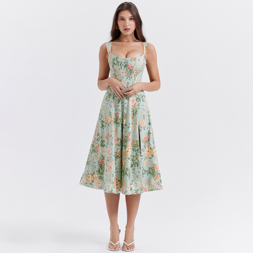 Open Back Split Floral Print D - Sundress Midi Floral avaliação e preço