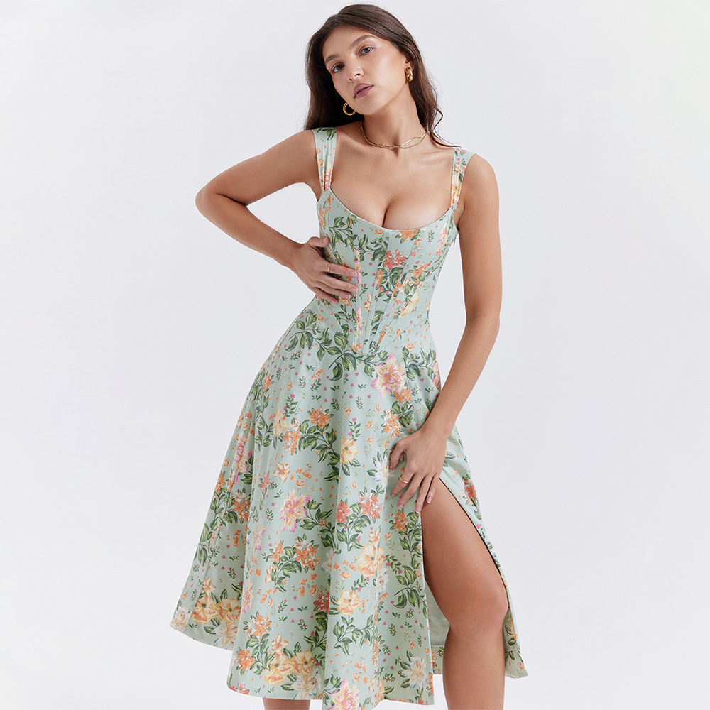 Open Back Split Floral Print D - Sundress Midi Floral avaliação e preço